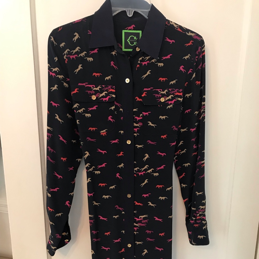 Navy- silk shirt dress with pink horses